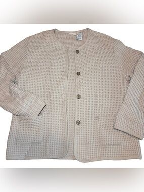 Vintage White Stag Textured Button-Front Waffle Knit Cardigan Jacket Beige Large